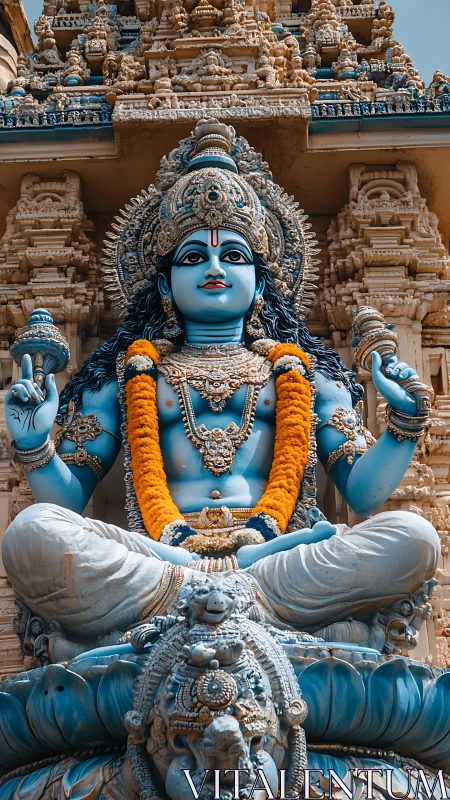 Serene blue deity statue amid ornate temple carvings.