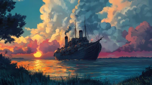 Sunset cruise ship glides across glowing, tranquil waters