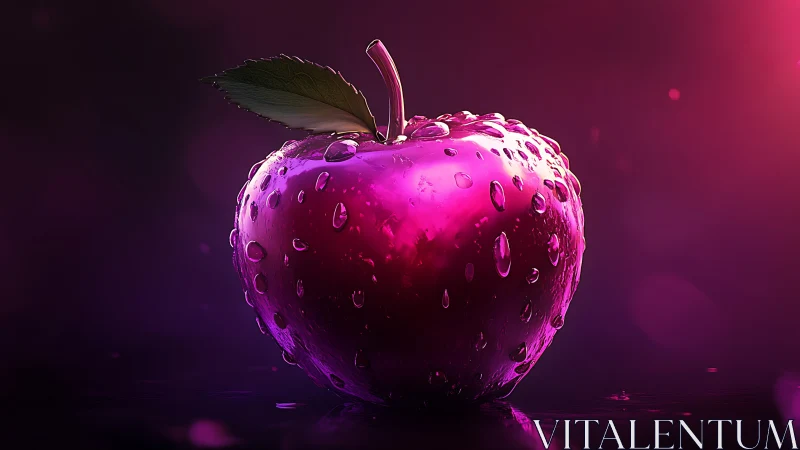Rendered wet apple is illuminated by magenta rim lighting