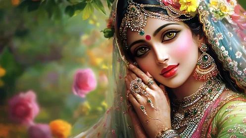 Digital portrait of jeweled bride amid soft floral bokeh.