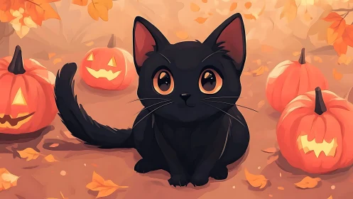 Black cat with jack-o'-lanterns in autumn setting