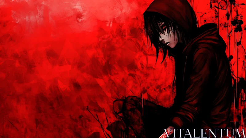 Brooding hooded anime figure against violent red field.