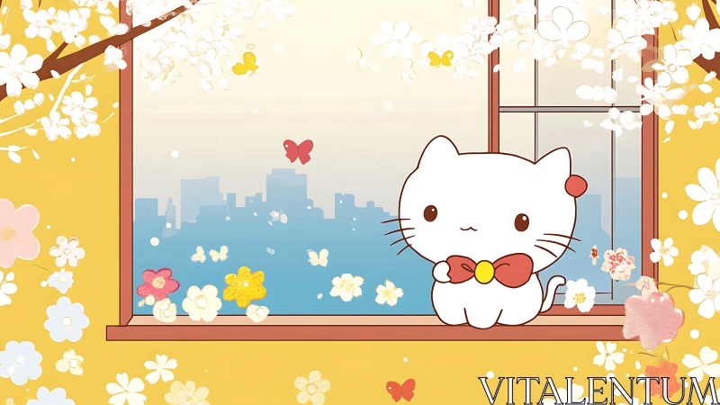 Windowside kitten daydreams in a pastel blossom skyline.