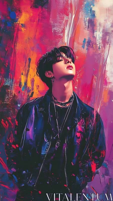 Digital portrait of male figure before abstract neon wall.