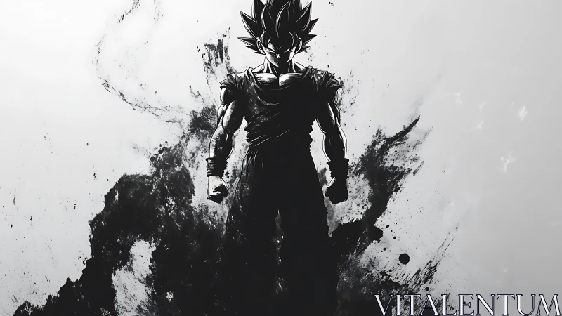 Silhouetted spiky haired fighter in monochrome ink burst.