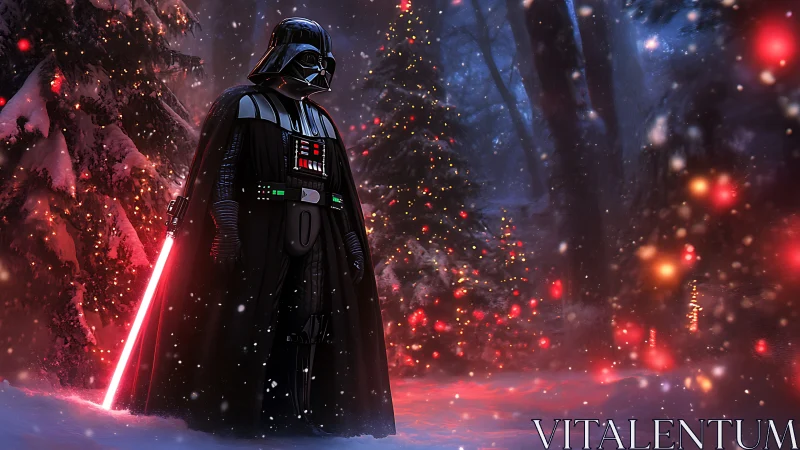 Armored figure with red lightsaber in snowy forest scene.