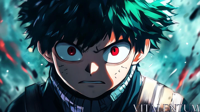 Intense anime portrait with dynamic frontal lighting and motion blur.