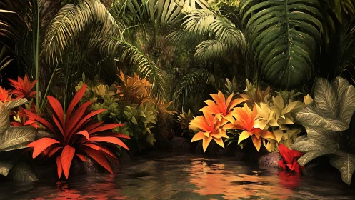 Luminous jungle lagoon cradling flame tipped blossoms.