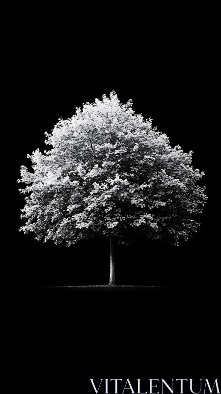 Lone silver tree glows like moonlight against endless night.