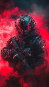Tactical operator in red vapor with armored helmet and rifle.