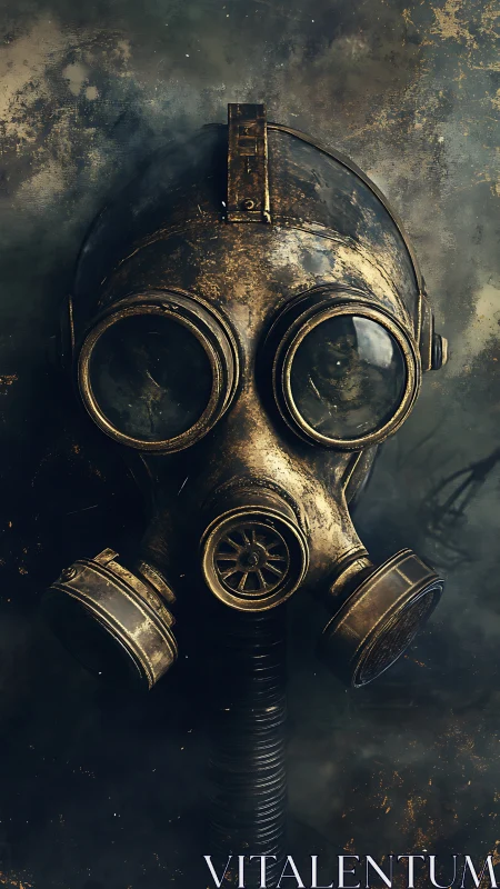 Weathered brass gas mask hangs against corroded wall