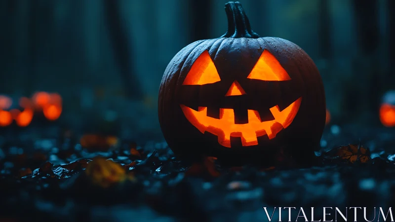Carved jack-o-lantern glows on wet ground in dark forest