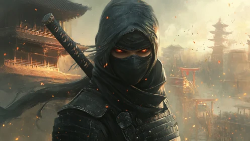 Ember-eyed ninja stands watch over a burning ancient city