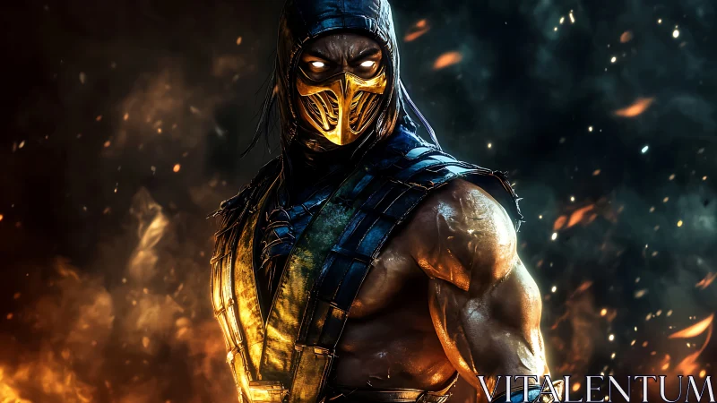 Masked fire warrior stands amid embers in dramatic darkness