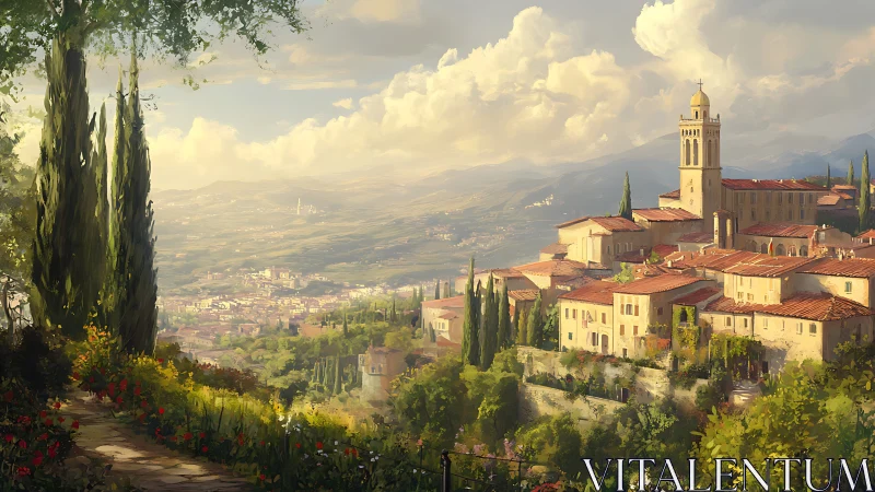 Sunlit hillside village overlooking Tuscan valley panorama.