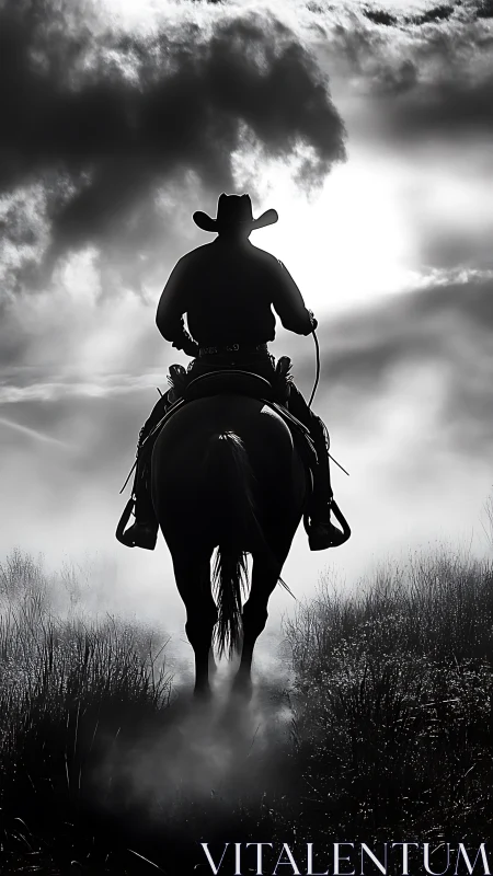 Lone cowboy rides through misty grassland at sunrise.