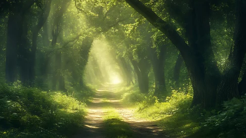 Sunlit Forest Path with Lush Greenery in Dreamy Morning Light.