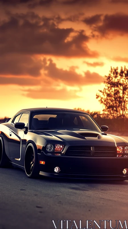 Black muscle car sits on open road under vibrant sunset sky