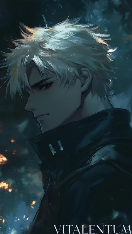 Blond anime man in profile stands in dark, smoky scene