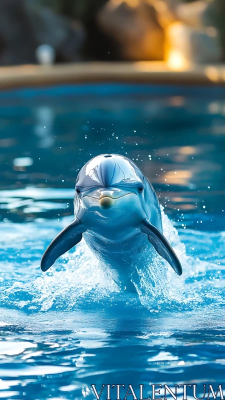 Bottlenose dolphin mid-leap in controlled aquatic pool environment