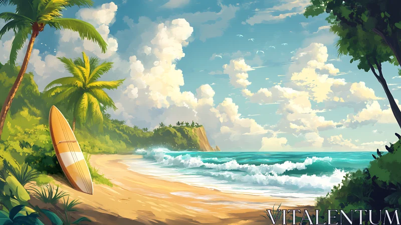 Sunny tropical surf beach with board and rolling waves.