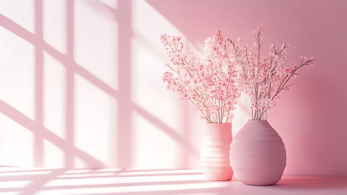 Monochrome pink vases with gypsophila under gridded daylight.