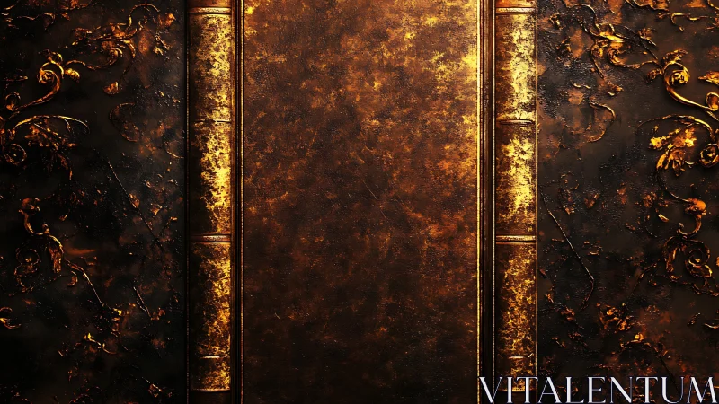 Antique leather book cover with embossed golden filigree surface.