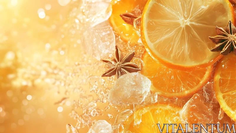 Citrus slices, ice crystals, warm golden backlight glow.