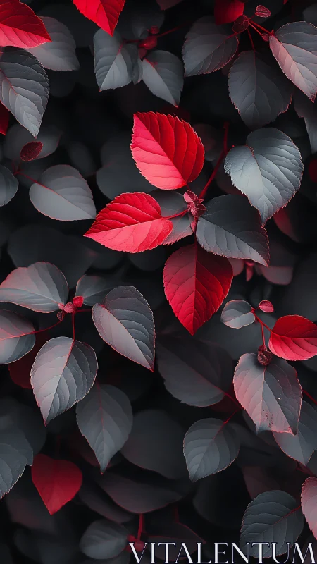 Scarlet foliage emerging through muted graphite leaves pattern.
