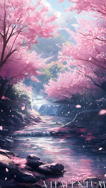 Pink cherry blossom river valley under soft spring light.