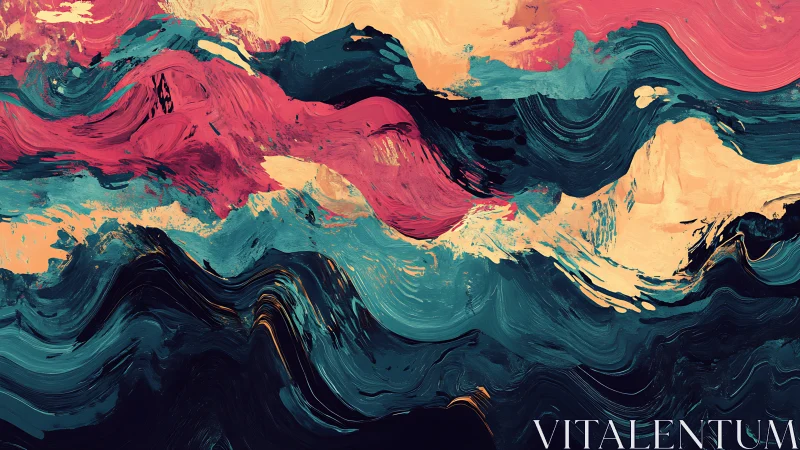 Brushstroke tides collide as coral skies melt into teal seas