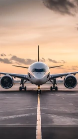 Sunset runway sentinel: jetliner poised on glowing horizon.