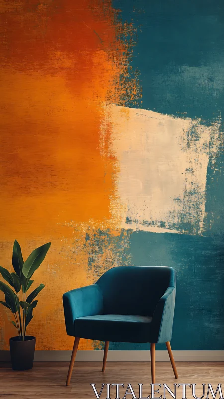 Teal lounge chair anchors bold teal orange abstract wall.