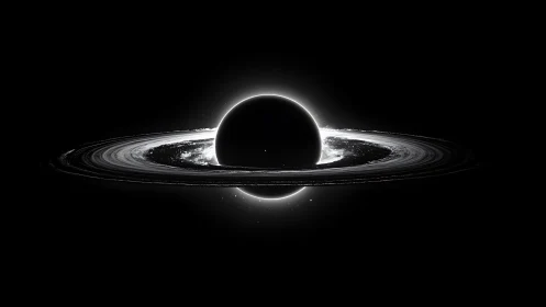 Black spherical body with luminous circumstellar ring in void.