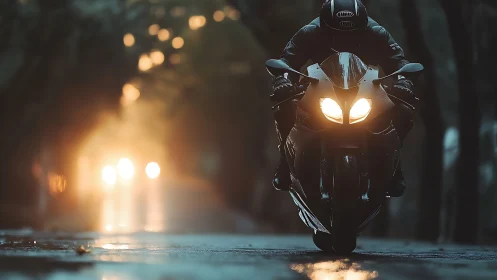 Night rider gliding through rainlit city streets.