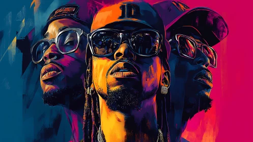 Trichromatic hip‑hop portrait under split‑tone neon lighting.