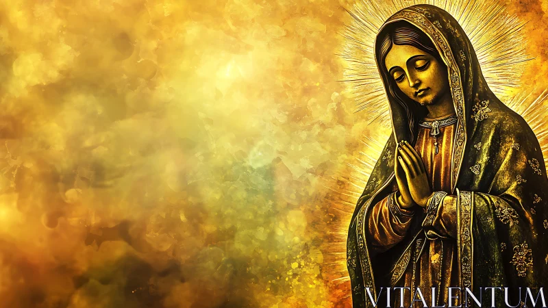 Gold-illuminated robed saint in prayer with radiant halo field