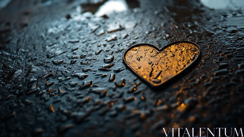 Golden Heart on Wet Dark Surface.