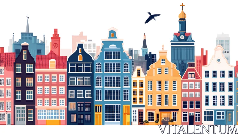 Colorful canal houses line stylized European city skyline.