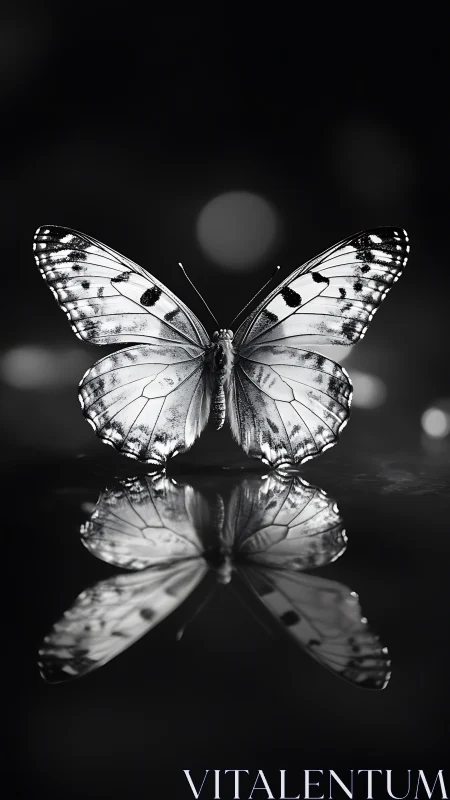 Monochrome butterfly macro with specular water reflection symmetry.