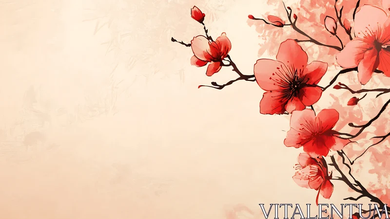 Red Cherry Blossoms on Branches Against Cream Background.