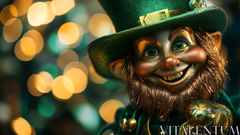 Smiling leprechaun figurine with glittering green hat.