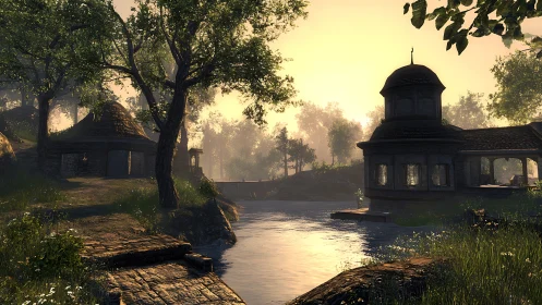 Fantasy Riverside Settlement with Domed Structures.