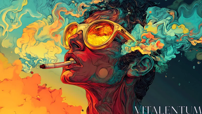 Electric daydreamer in glowing shades and swirling color clouds.