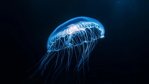 Luminous jellyfish drifts through dark ocean depths in silence