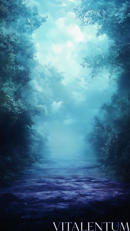 Luminous Forest Canopy Over Flowing Water with Celestial Sky