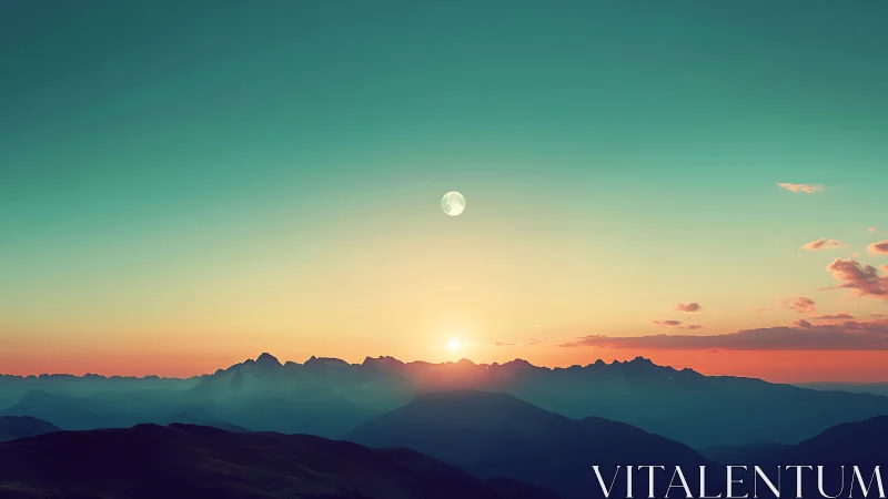 Mountain horizon at sunrise with moon above calm sky.