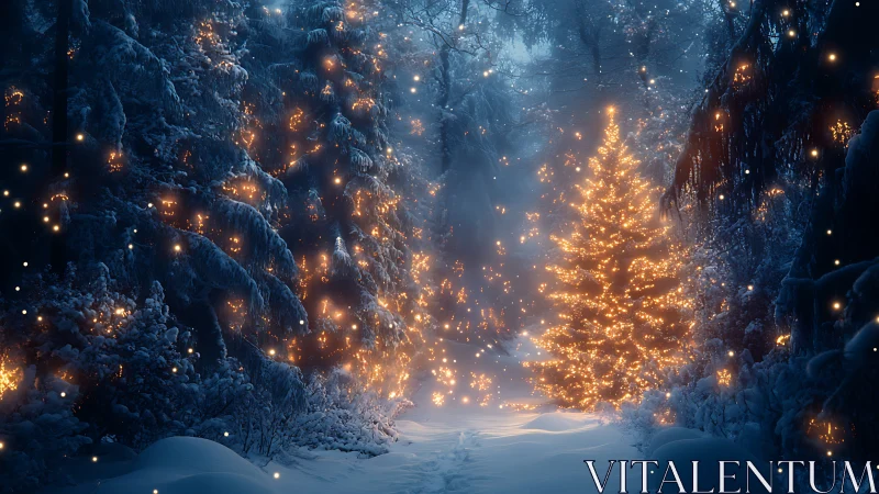 Illuminated conifer in dense snowy forest at twilight.