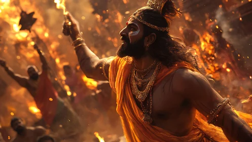 Warrior priest leads a blazing ritual in molten firelight