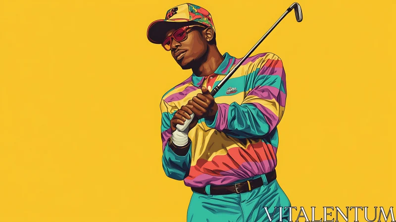 Colorful urban golfer poses against bold yellow backdrop.